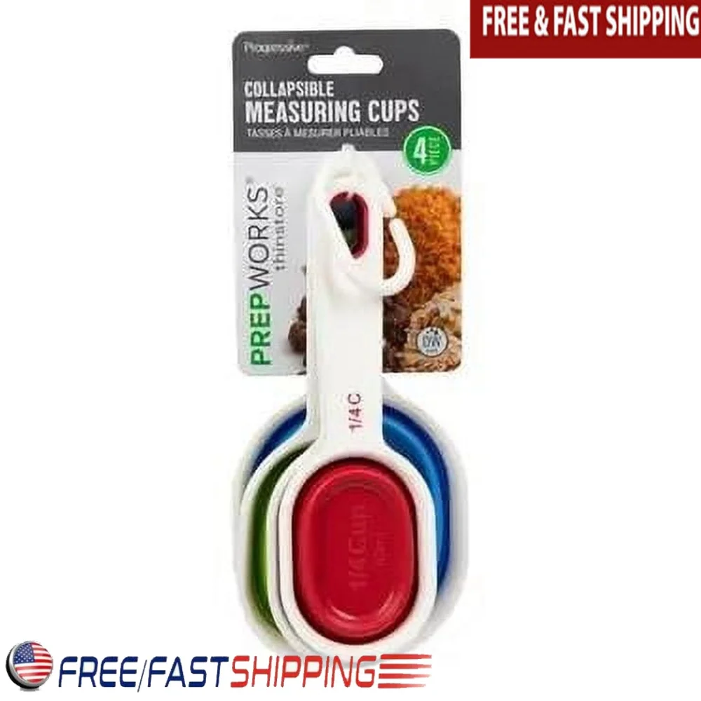 

Collapsible Measuring Cups Set 4pc Ergonomic Handle Silicone Space Saving Kitchen Tools Storage Ring Easy Pouring