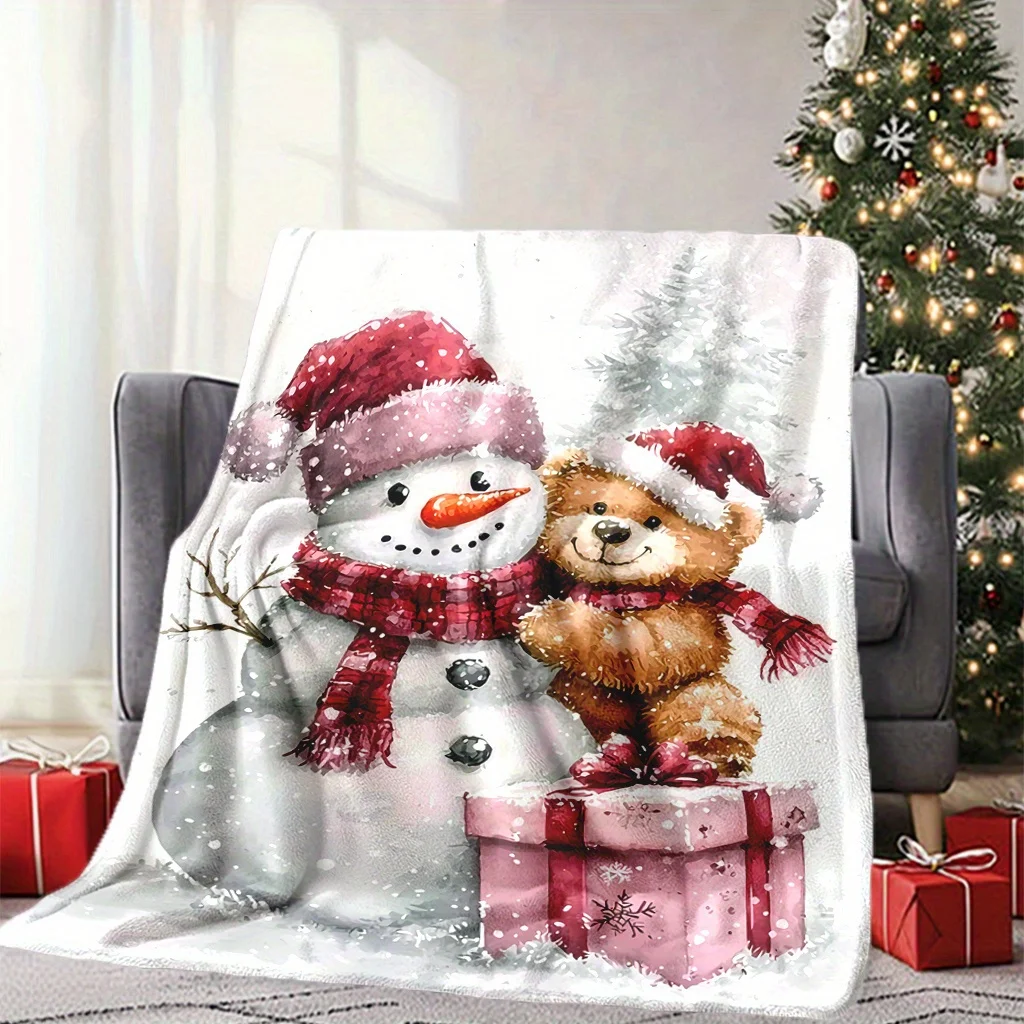 

Уютное фланелевое одеяло с рождественским снеговиком и плюшевым мишкой — мягкое, теплое покрывало для сна, кемпинга, путешествий и домашнего декора
