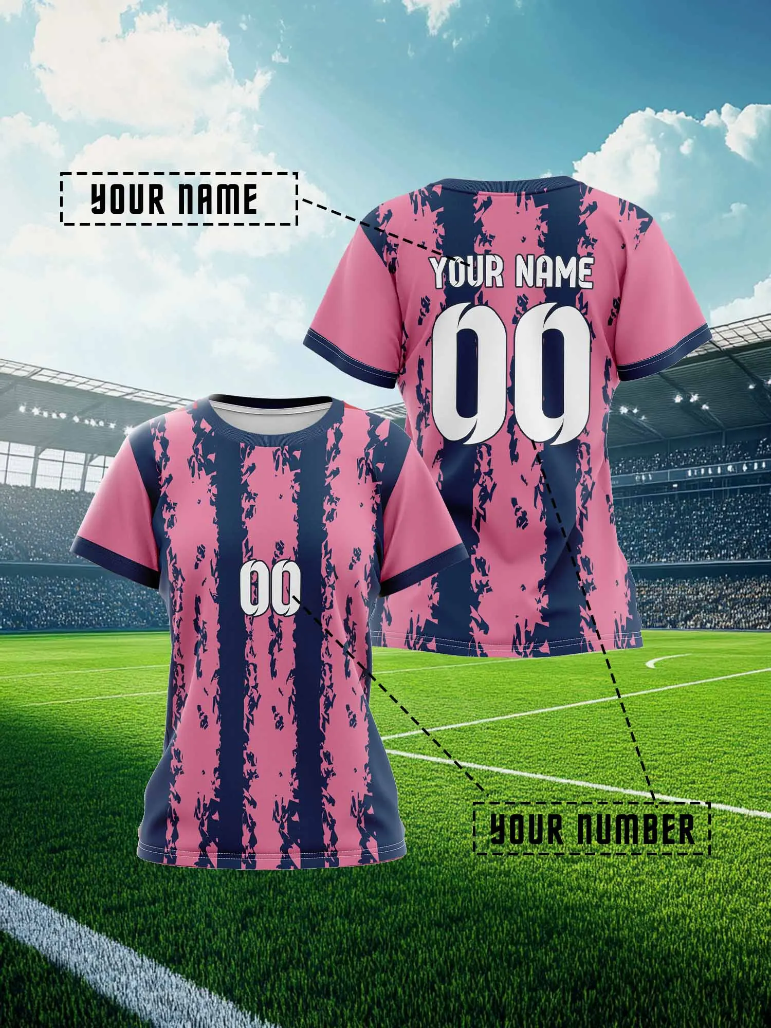 

Женская спортивная футболка с V-образным вырезом на заказ с именем и номером, быстросохнущая, с полной сублимационной печатью, розовая, модная, 2026