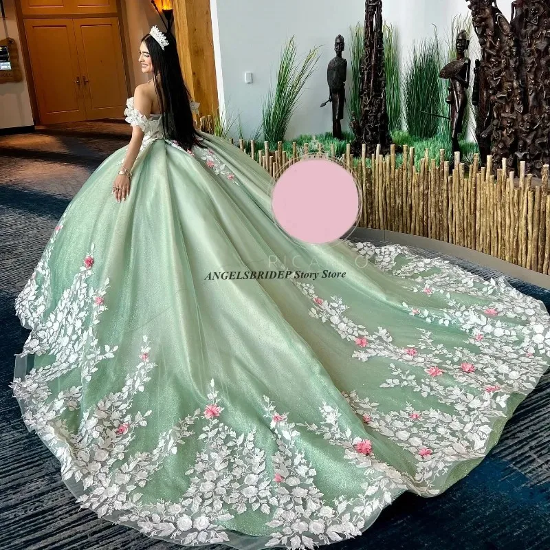 ANGELSBRIDEP Sage Green Ball Gown Quinceanera Dress Princess Appliques Lace Beading Tulle Birthday Pageant Vestidos De 15 Anos