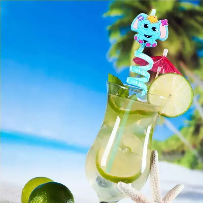 8pcs 26cm Jungle Animals Reusable Plastic Helical Drinking Straws Elephant/dogs/lion/giraffes Straw Kids Birthday Party Decor