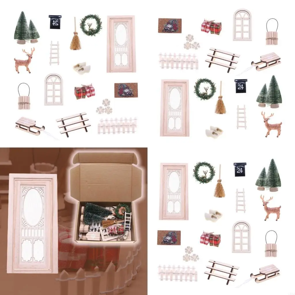 

C5AA Christmas Village Wreath And Reindeer Door Miniature Set Dollhouses Tabletop Decoration