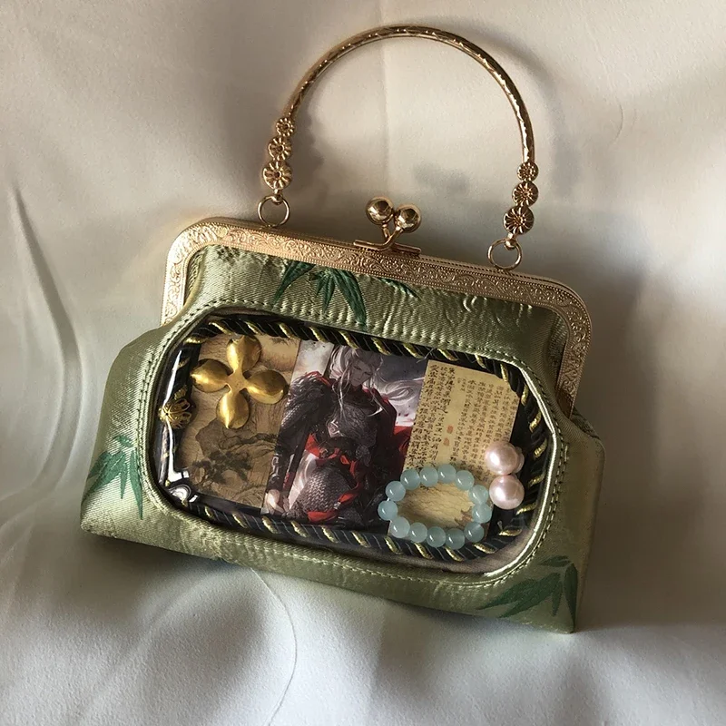 Handbag Light Green Bamboo Printing and Dyeing Color Exquisite Chinese Chain Han Chinese Clothing Accessories with Metal Buckle