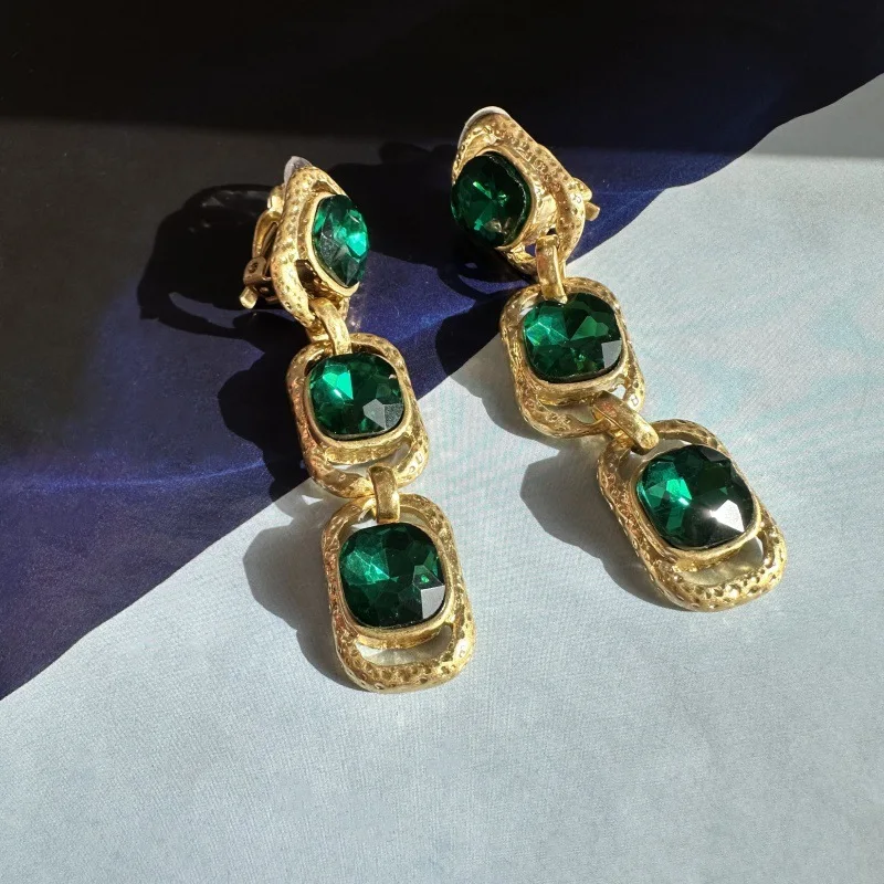 Os New Styles Colorful Crystal Glass Long Stud Earrings and Ear-clips Ladies Evening Fashion Jewelry