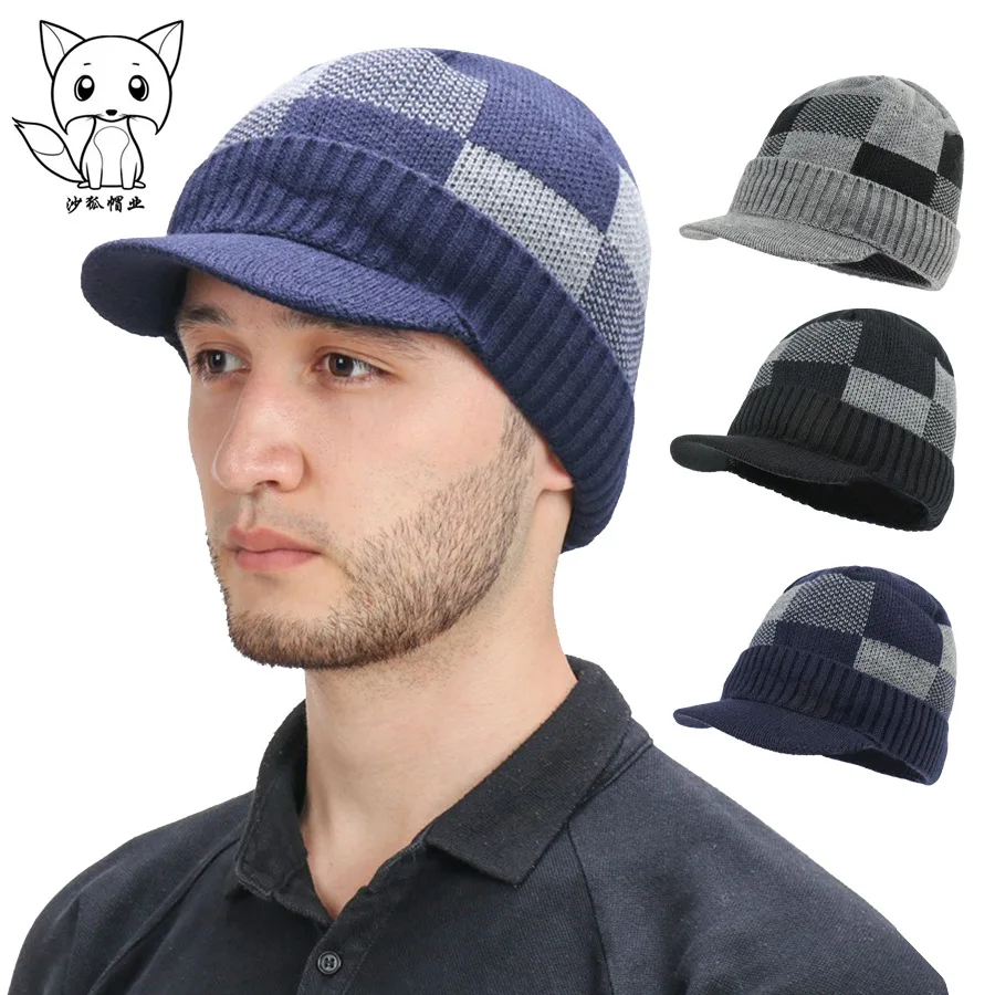 Plaid Splice Color Block Knitted Beanie Fleece Lined Brim Ear Flap Hat Winter Warm Skull Cap