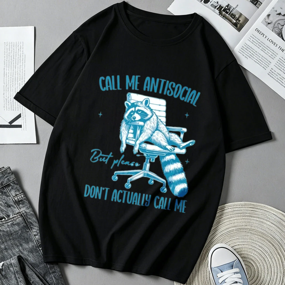 Call Me Antisocial Funny Raccoon Animal Graphic Print Short Sleeve O‑Neck Casual T‑Shirt Sarcastic Humor Vintage Streetwear Tops
