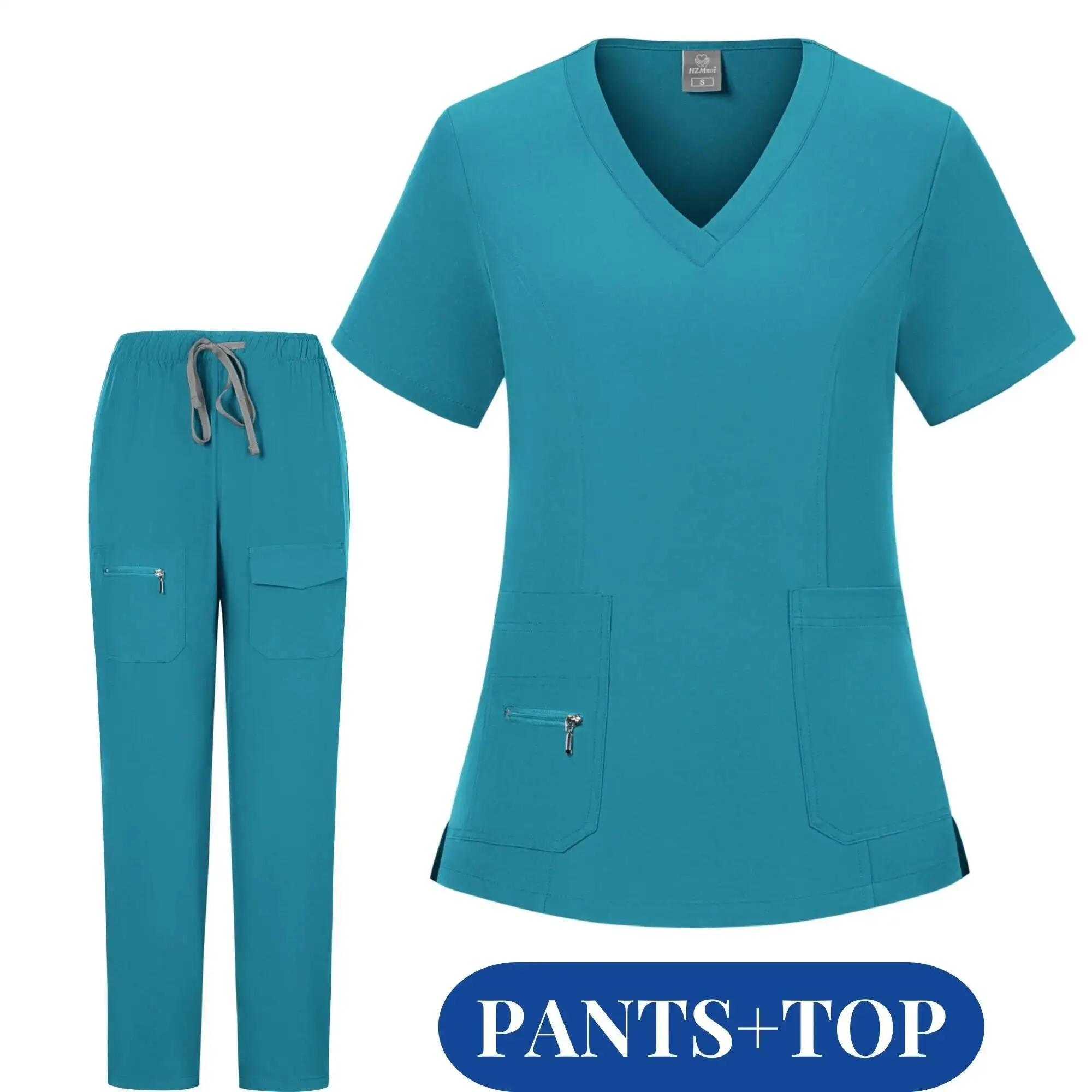 Nieuwe Medische Set V-hals Ziekenhuisuniformen Rits Verpleging Scrubs Uniform Sets Korte Mouw Tops + Broek Voor Vrouwen Verpleegster