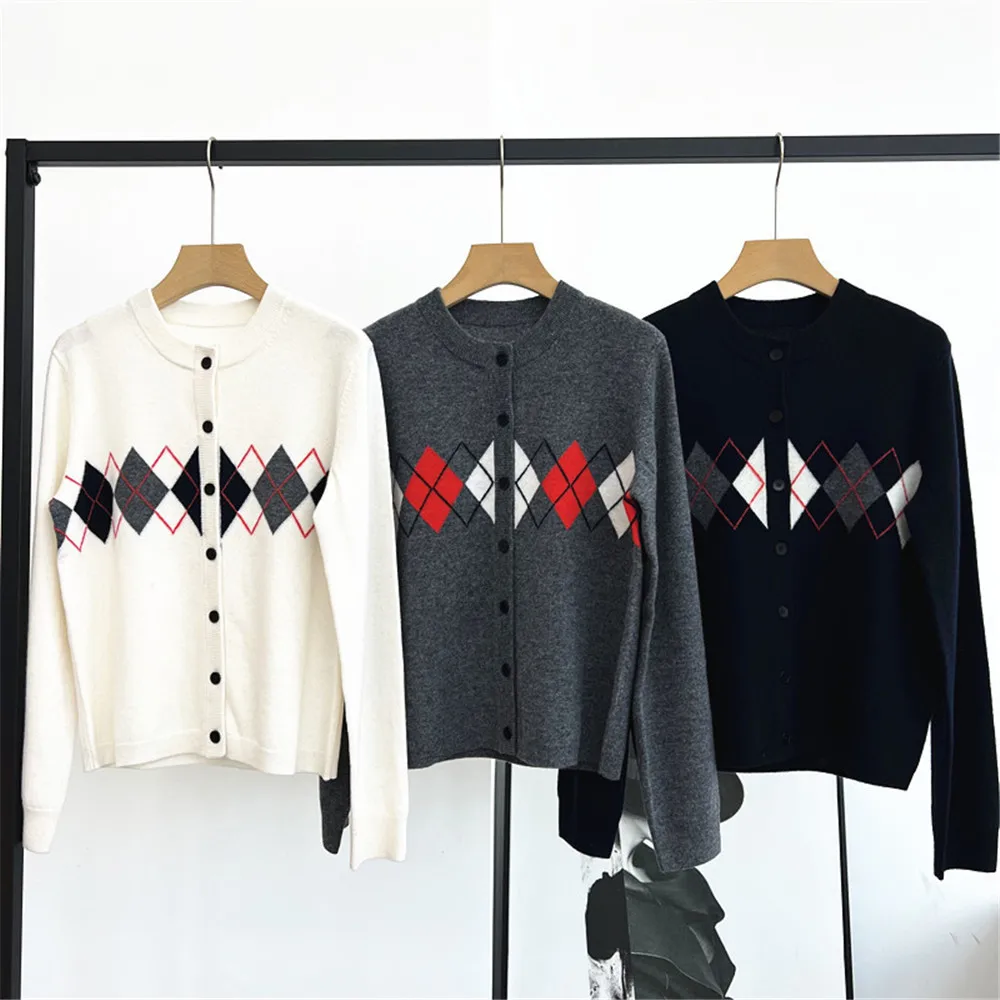 

Women's 25 Early Autumn New Cardigan Retro Diamond Contrasting Round Neck Long Sleeved Single Breasted Loose Wool Knitted Sweate
