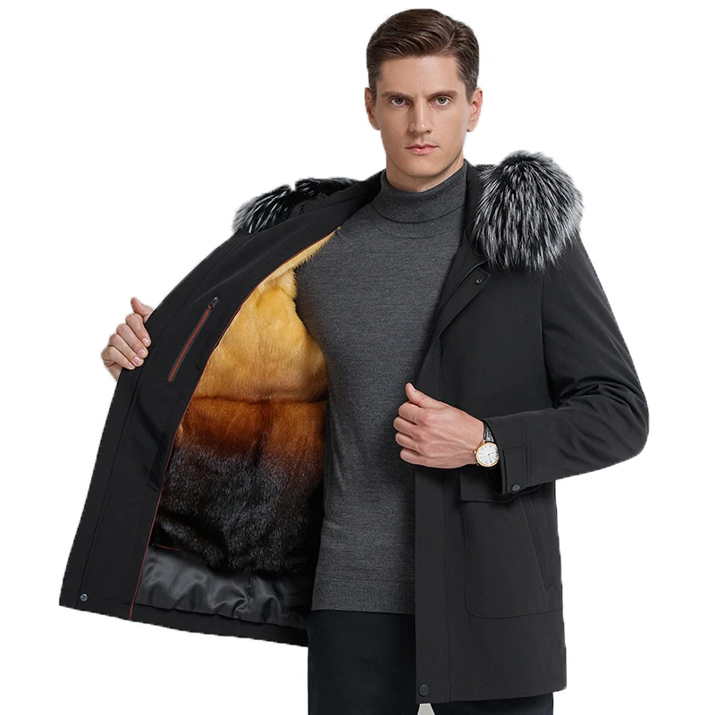 

New Arrival Fashion Men's Winter Coats Super Warm Rabbit Fur Linner Fox Fur Collar Medium Long Jacket Coats Men Detachable!