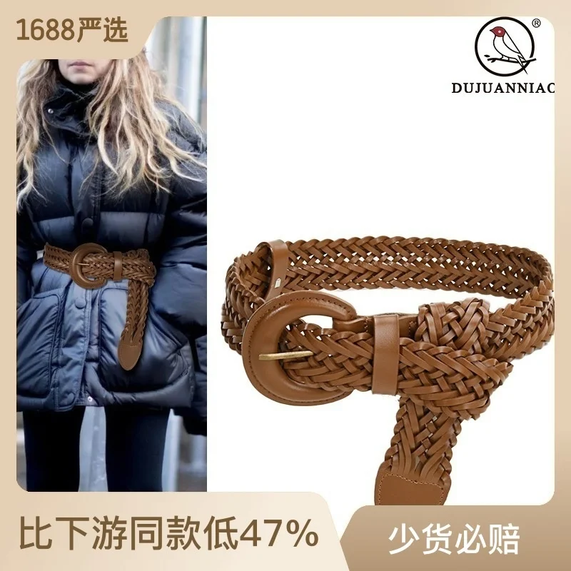 

100% genuine real leather Women's wide belt hole free woven summer decorative suit two-layer cow with dress waist small