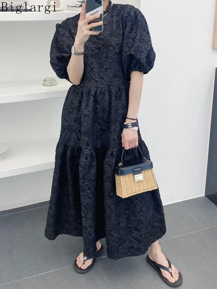 Chic Jacquard Bubble Sleeve French Simplicity Dress Summer Casual Women Elegant Self-cultivation Ladies Woman Dresses New Dress