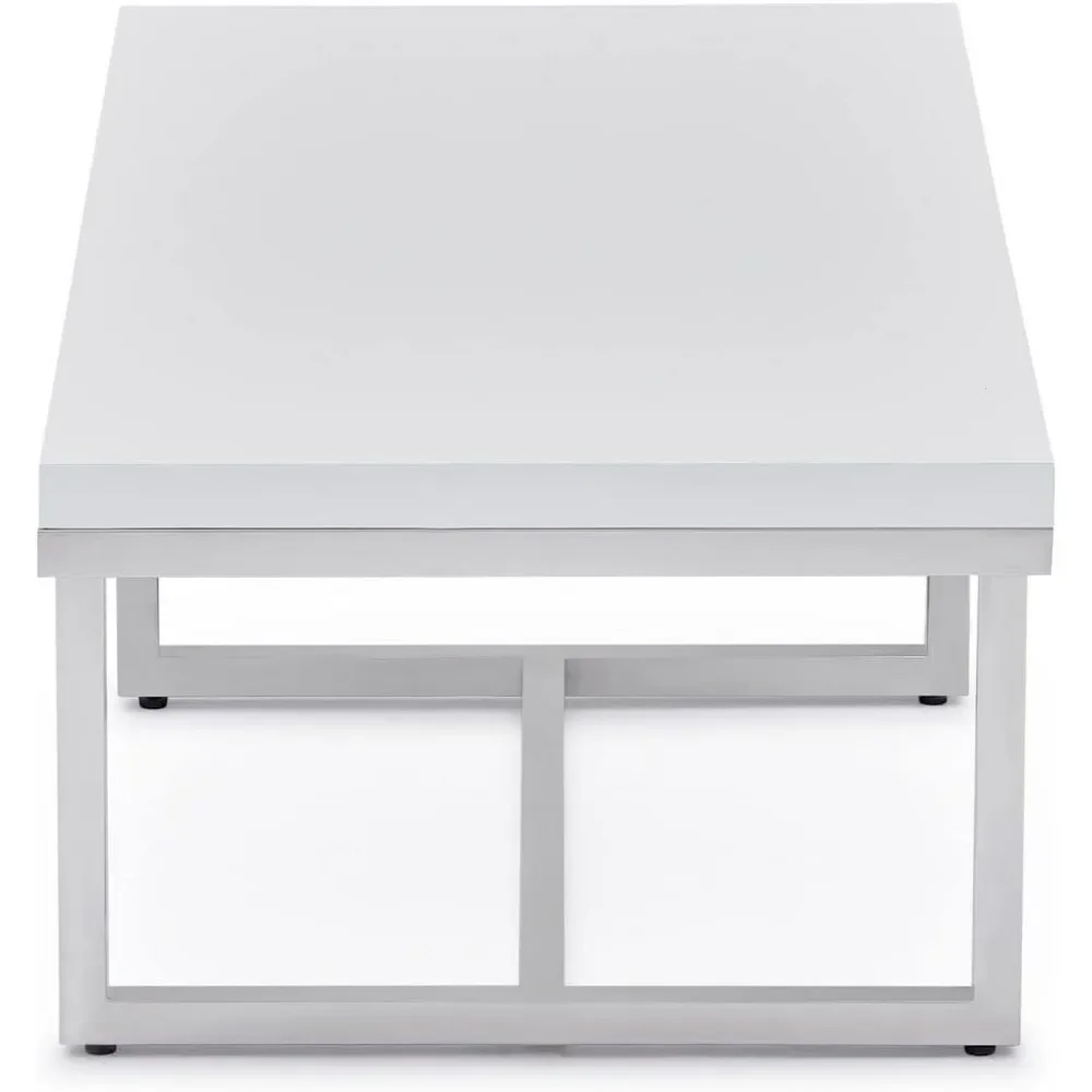 Meuble de table basse moderne avec base en acier inoxydable poli, dessus en laque blanche brillante, L 47.2 po x P 23.6 po x H 17.7 po