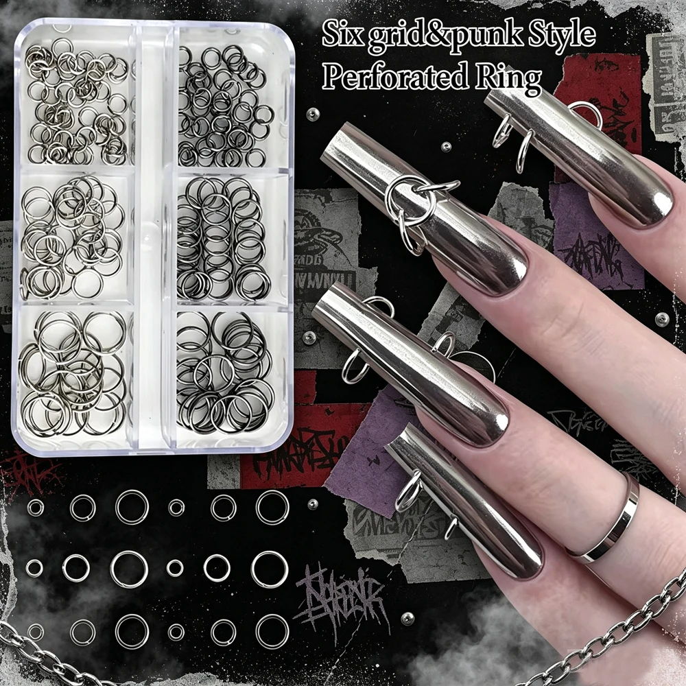 6Grids Mix Punk Piercing Perforable Round Circle Ring White K Gun Black Alloy Nail Rhinestones Decorations Manicure Charm