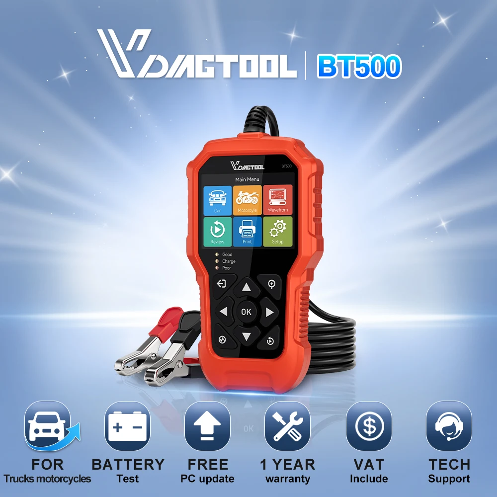 VDIAGTOOL BT500 Tester per Batterie Auto, Analizzatore di Sistema di Ricarica e Avviamento, Lettore di Codici per Auto 12V, Camion 24V, Moto, SUV, ATV, Barche, Test Batteria / Avviamento / Carica /