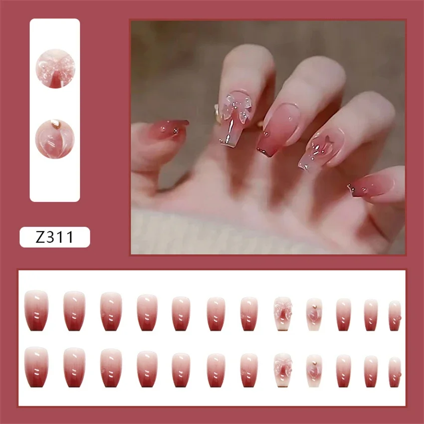 

24Ps/Set French Gradient Color Designs Wearing False Nails Fashion Peach Adhesive Fake Nails Removable Acrylic Press on Nail Art