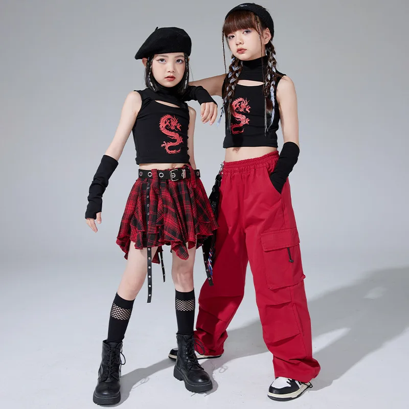 

New Hip Hop Girls Kpop Dance Clothes Jazz Dance Costume Black Tops Plaid Skirt Ballroom Practice Clothing Kids Performance Wear