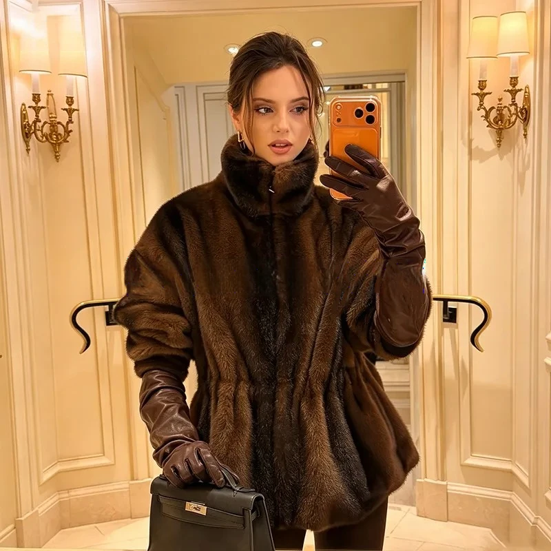 Woman Luxurious Fur Coat Elegant Fitted Faux Fur Collar Coat Waist Length Open Front Cold Weather Plush Warm Luxury Fashion