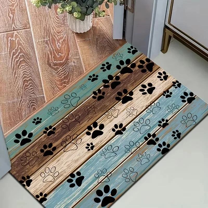 VIKAMA Retro Wood Board Floor Mat Black White Puppy Paw Prints Farmhouse Style Anti Slip Washable Porch Decor Doormat
