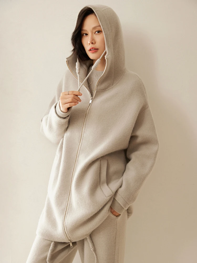 

ANGEL Luxury Women 100% Cashmere Zipper Cardigan Hooded Sweater Coat Autumn Winter Thick Solid with Pocket Knitwear Hoodie Tops