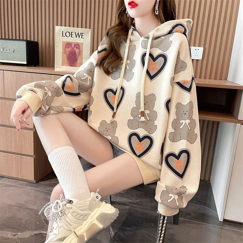 Korean Spring and Autumn Women's Hooded Sweatshirts With Orint On Female Top Long Sleeve 2025 Trend Cheap Designer Basic Hoodies