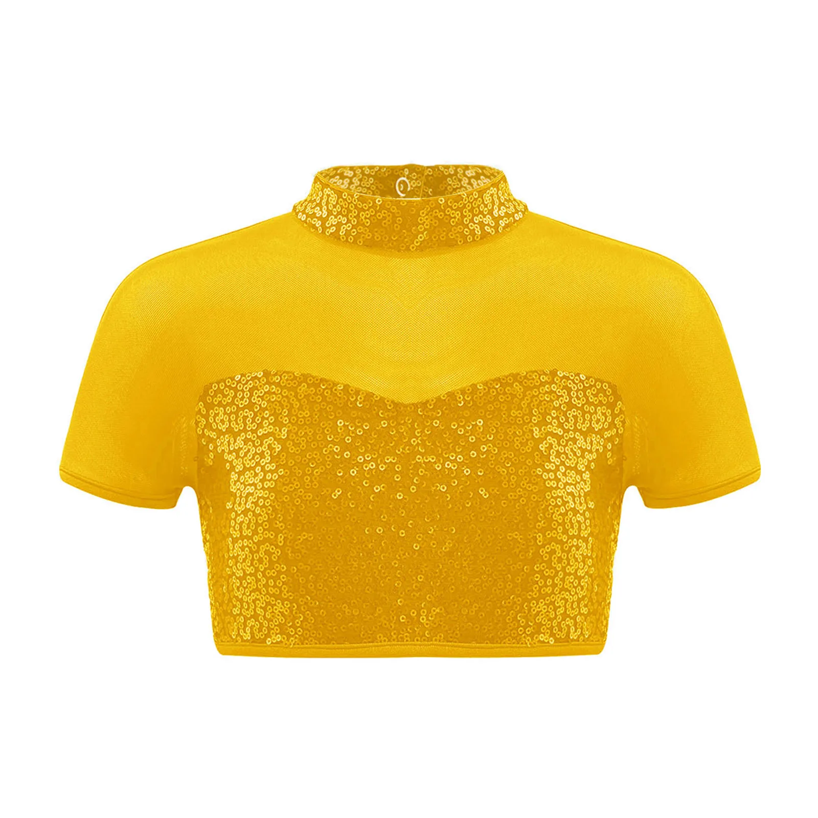 

Kids Girls Shiny Sequins Jazz Dance Tops Mock Neck Short Sleeve Mesh Crop Top Shirt+Skirt Hip hop Cheerleading Dance Costume