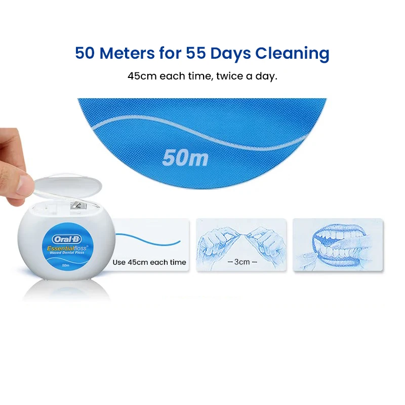 Oral B Essential Mint Floss 50M Professional Dental Cleaning Floss Portable Wax Coating Dental Floss Removal Plaque Deep Clean