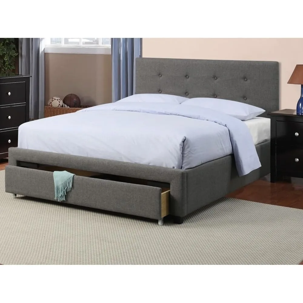 Modern Grey Upholstered Queen Bed Frame with Storage Drawers and Headboard