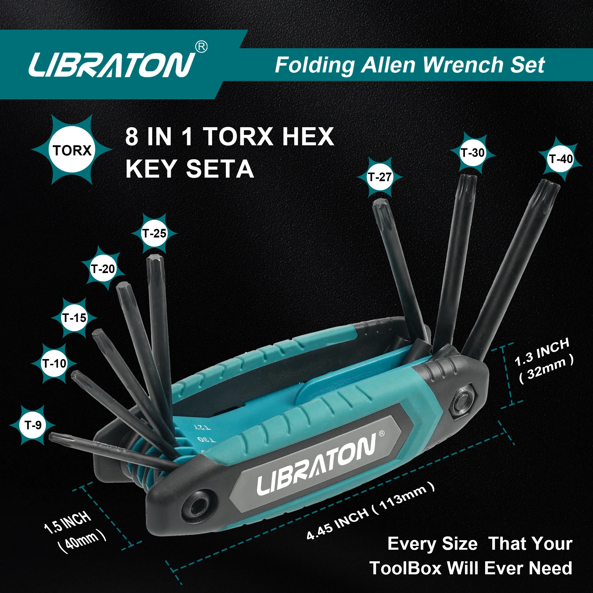 Libraton 8 in 1 Folding Torx Hex Key Allen Pocket Portable Star Wrench Kit Sizes T-9 to T-40 for Bicycle Maintenance