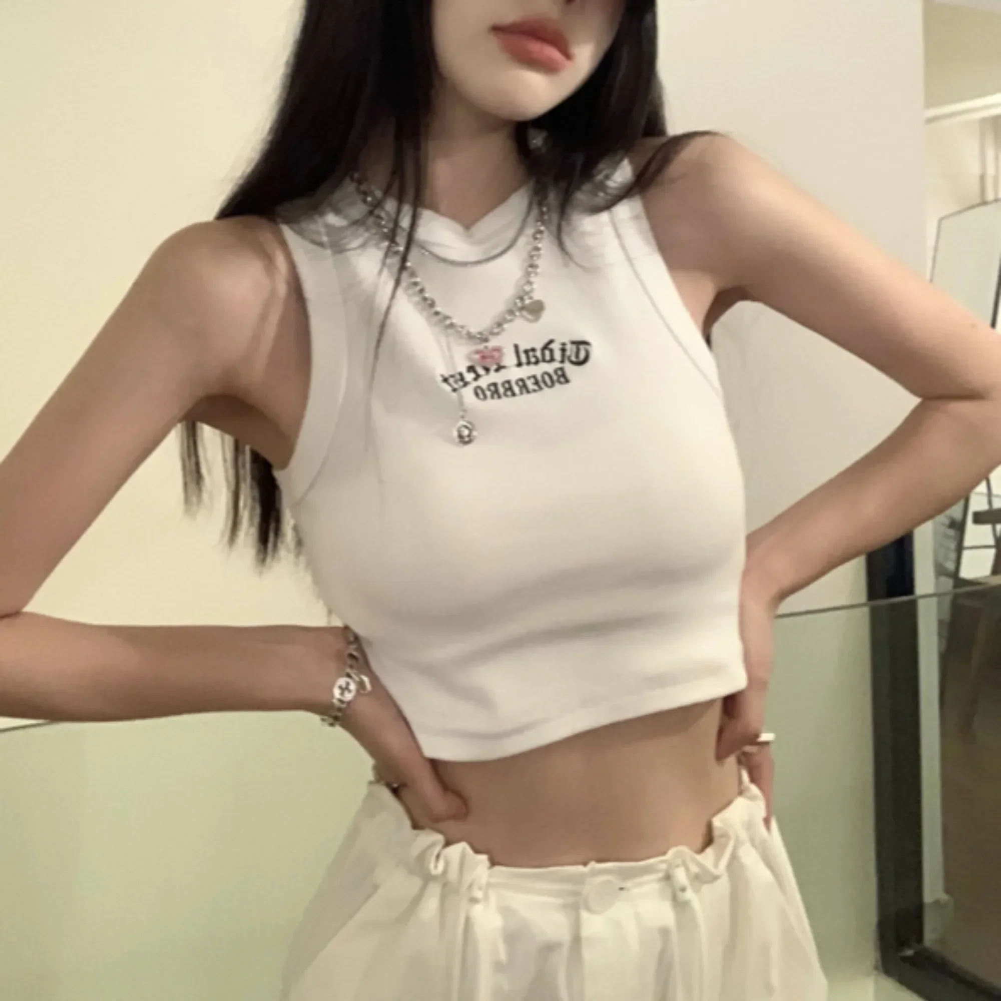 Women's Tank Top Ribbed Knitted Embroidery Letter Vest Female Summer Clothing Crop top White Black Casual Short Tight Sport Tops