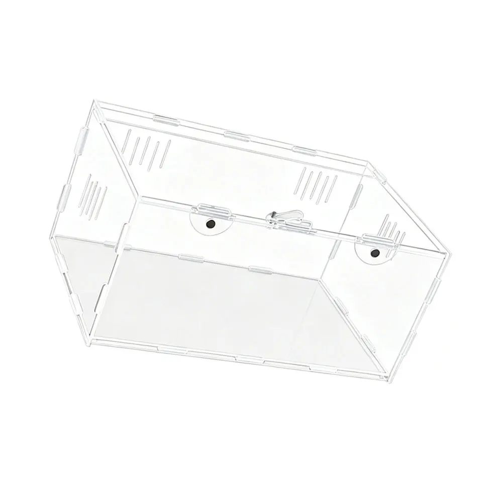 Acrylic Terrarium Designed for Small Reptiles with Clamshell Entry Ventilation on Three Sides and Secure Lock System