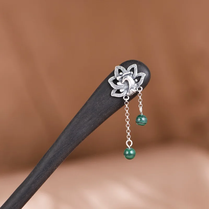 

Ethnic Thai Silver Peacock Hair Sticks for Women 925 Silver Vintage Hair Jewelry Natural Green Malachite Balls Tassel Hairwear