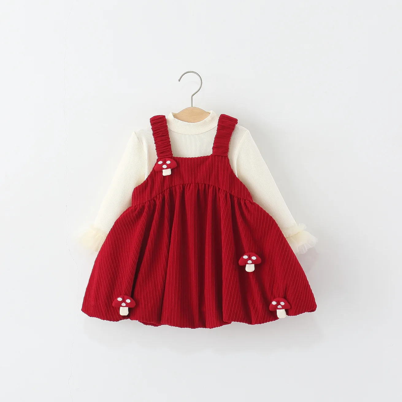 2025 Autumn New Four Small Mushroom Dress Two-piece Set, Girls Long-sleeved Top + Suspender Dress