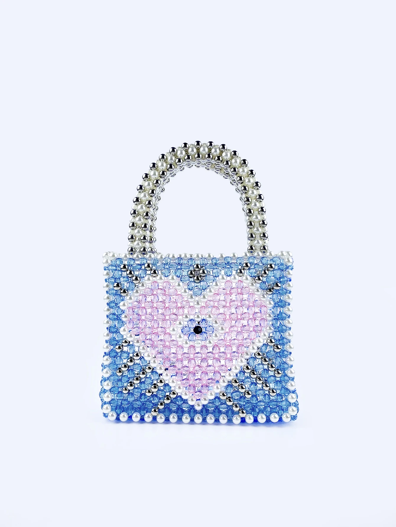 New Small Fragrant Wind High Appearance Blue Heart Shaped Color Block Sparkling Large Capacity Hand Carrying Love Beaded Bag