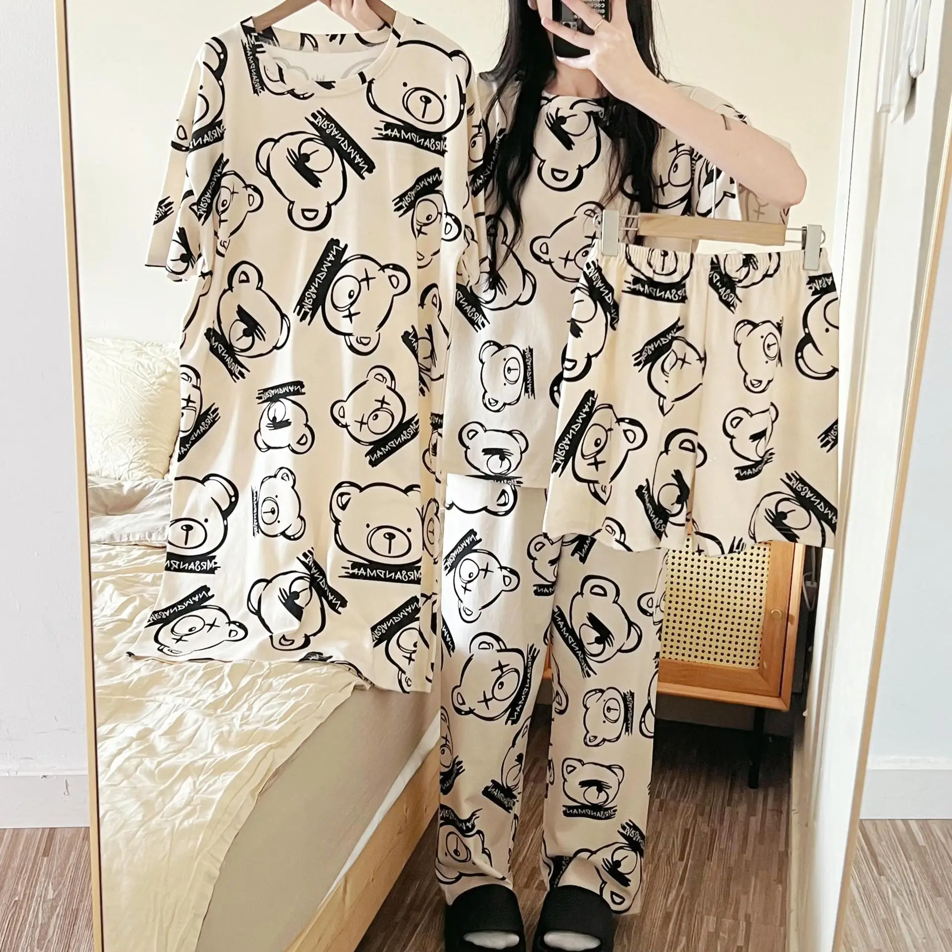 4 قطعة مجموعة بيجامة المرأة قصيرة الأكمام المحملة قصيرة فستان نوم طويل الربيع الصيف في الهواء الطلق المنزل ارتداء الفتيات طالب ثوب النوم مجموعة