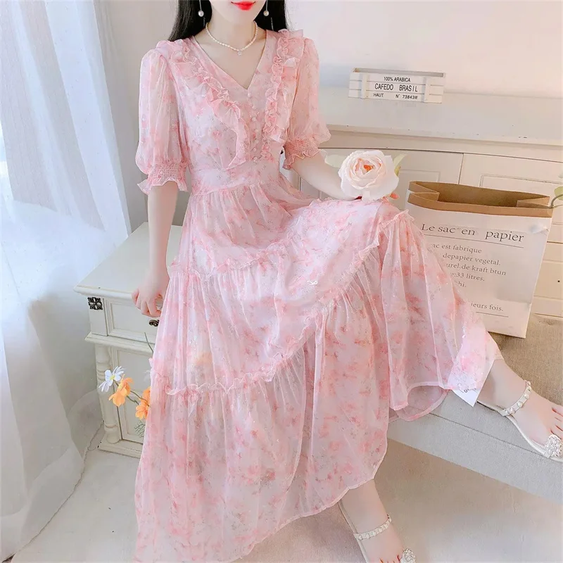 2026 Boho Dress Women Floral Print Wrap Long Holiday Dress Ruffles Female Casual V-Neck Beach A Line Beach Dress Party Vestidos