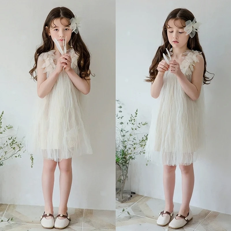 

Summer Girls Dress Elegant Mesh Sleeveless White Dress Baby Toddler Kids Soft Breathable Princess Dress Wedding Shoot Costumes