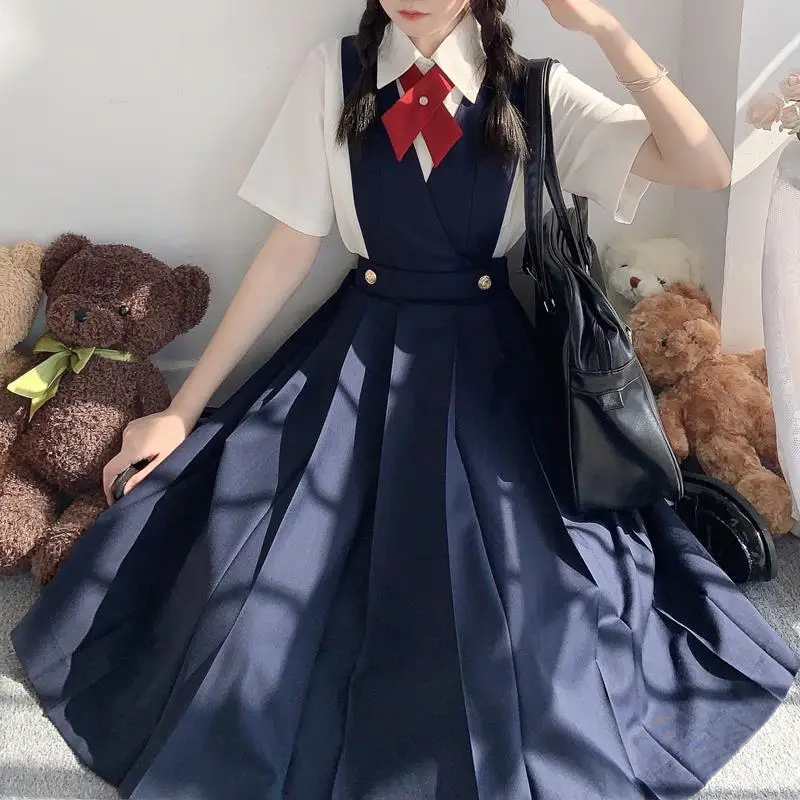 2024 Japanese Kawaii JK Uniform Strap Dress Bow Tie Y2K Student Loose Dress One-piece Suit Preppy Style Odzież Damska