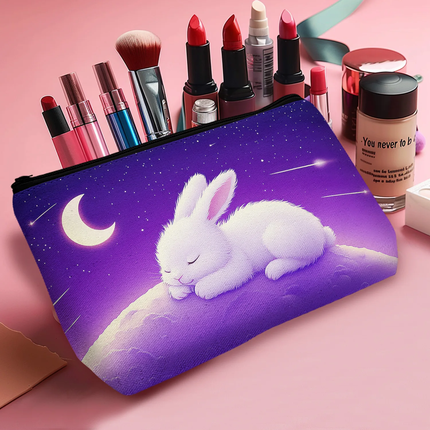 1Pc Charming Bunny And Moon Fashion Cosmetic Bag Durable Multifunctional Zipper Portable Women Cosmetic Bag Suitable For Daily A