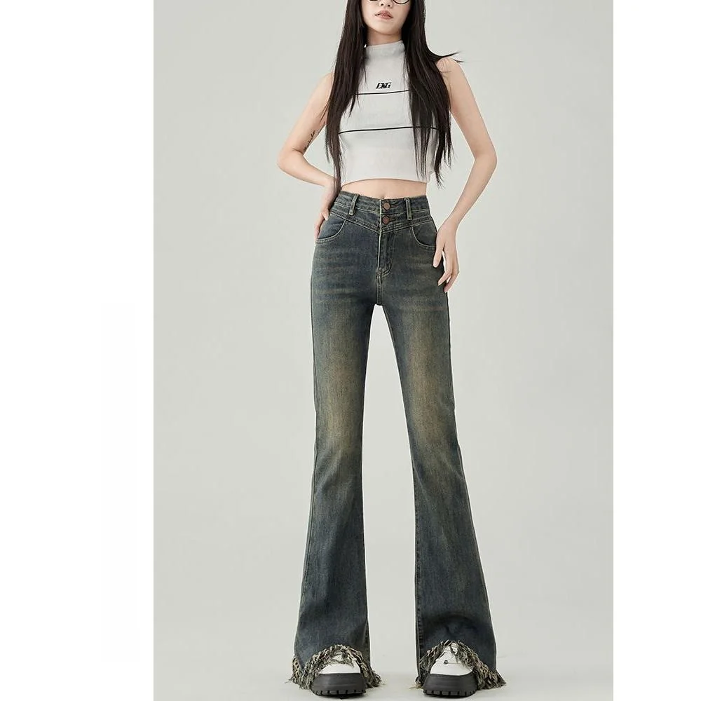 

Джинсы женские ретро с высокой талией, расклешенные, джинсовые, весенние, больших размеров, эластичные, утягивающие, с рваным краем, длиной до щиколотки