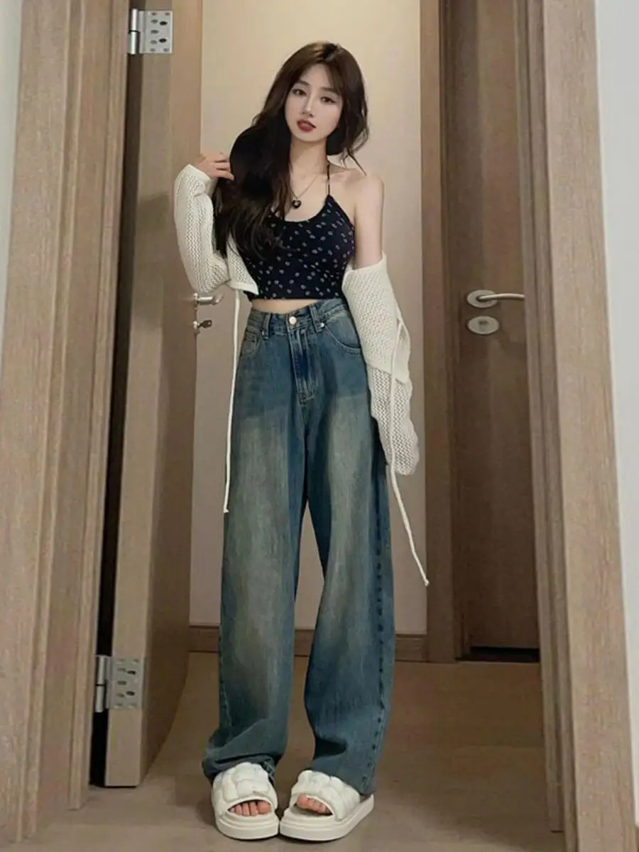 

Выцветшие джинсы в стиле ретро с высокой талией, широкие прямые свободные длинные брюки больших размеров для похудения, женские повседневные брюки с талией