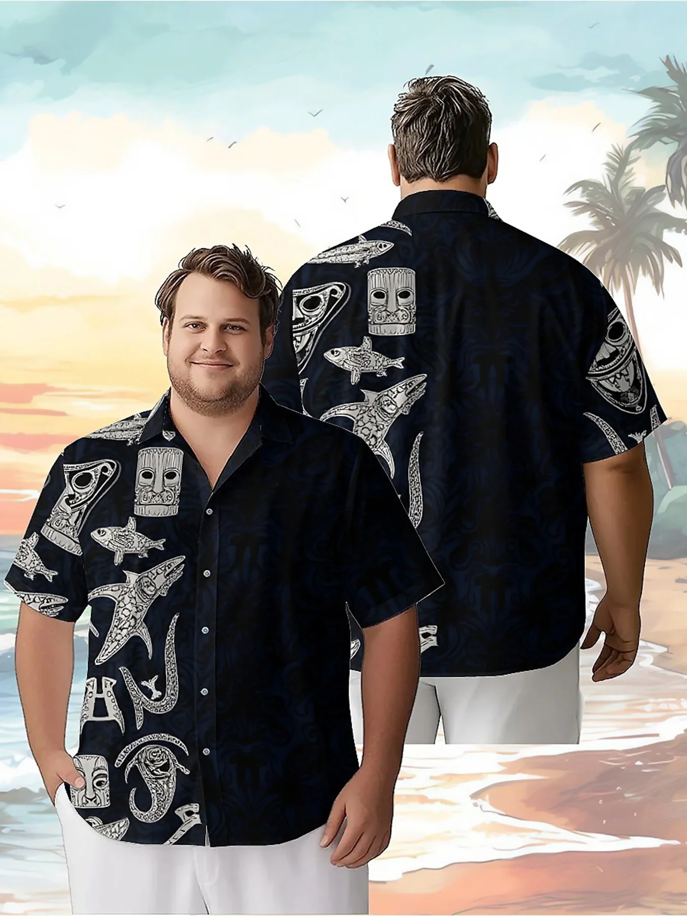 

Men's Plus Size Hawaiian Shirts Tropical Ocean and Tiki Masks Pattern,casual Tops, Suitable for Outdoor and Party, Streetwear