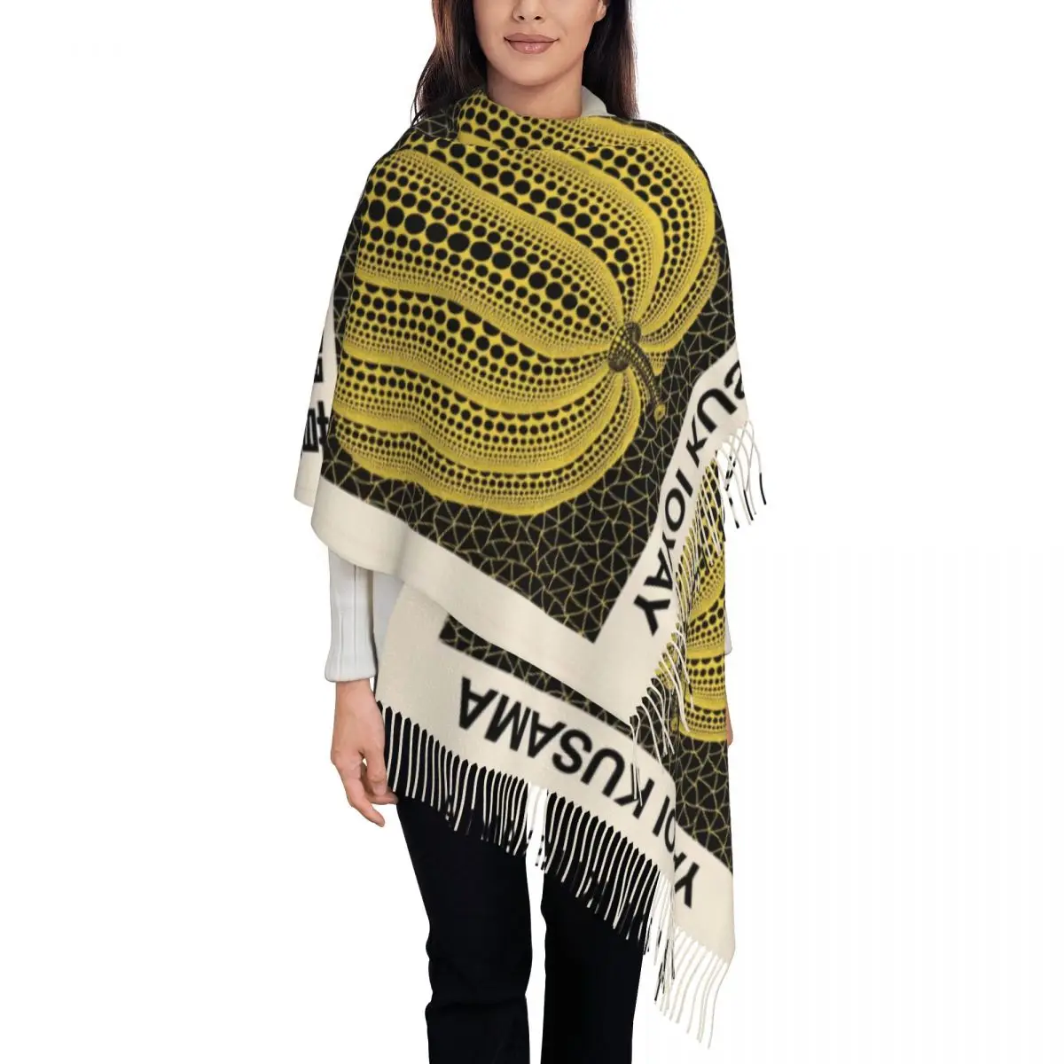 

Female Long Yayoi Kusama Pumkin Forever Scarves Women Winter Thick Warm Tassel Shawl Wraps Abstract Art Scarf