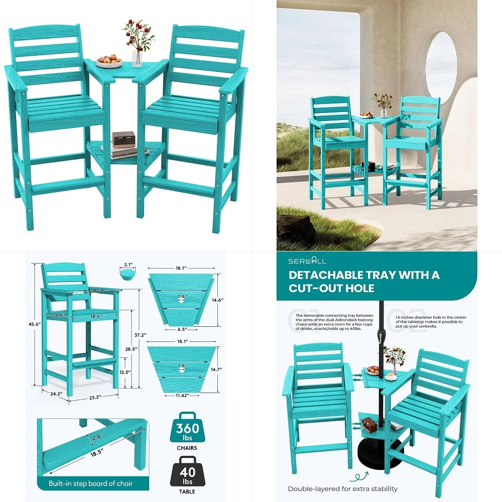 

Tall Adirondack Chairs Set of 2 with Connecting Table, All Weather Outdoor Barstools, Aruba Blue