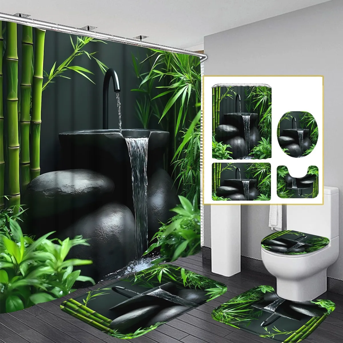 4pcs & Stacked Stone Flowing Water Shower Curtain Set, Natural Style Bathroom Curtain Set with 12 Hooks Included Non-Slip Bathroom Rug, Toilet U-Shape Mat, Toilet Lid Cover, Bathroom Accessories Ideal for Home Decor & Housewarming Gift