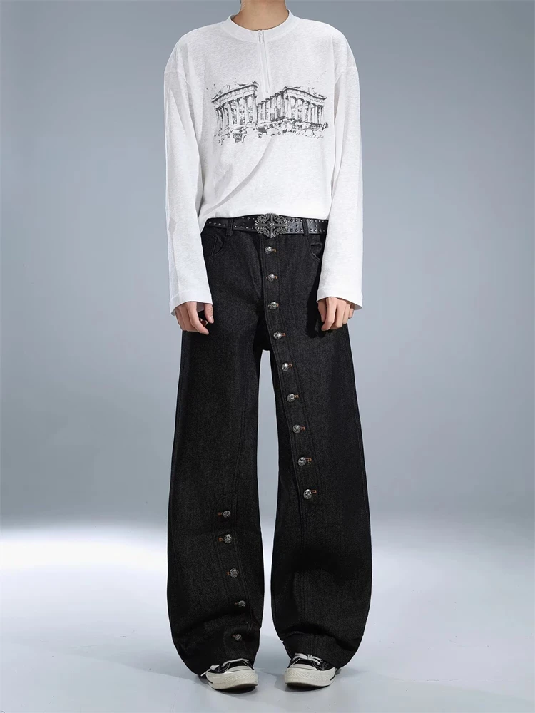 Women's Long Buckle Design Black Jeans Unisex Retro Bottoms Casual Pants High Waisted Women Sweatpants Female Wide Leg Trousers
