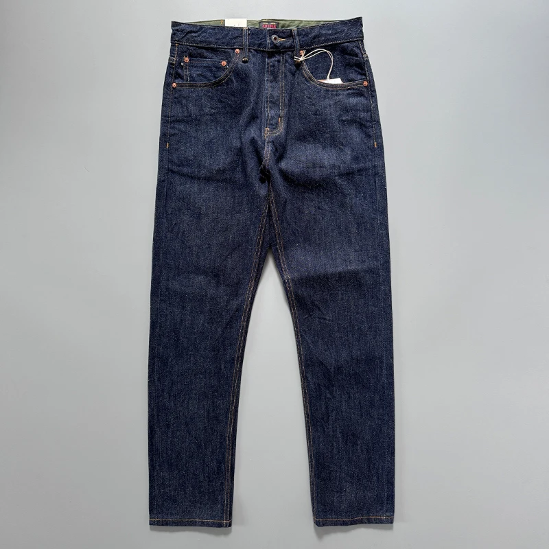 

14oz Raw Selvedge Denim Jeans for Men Tapered Straight Indigo Washed 100% Cotton Pants with Back Paris buckle American Vintage