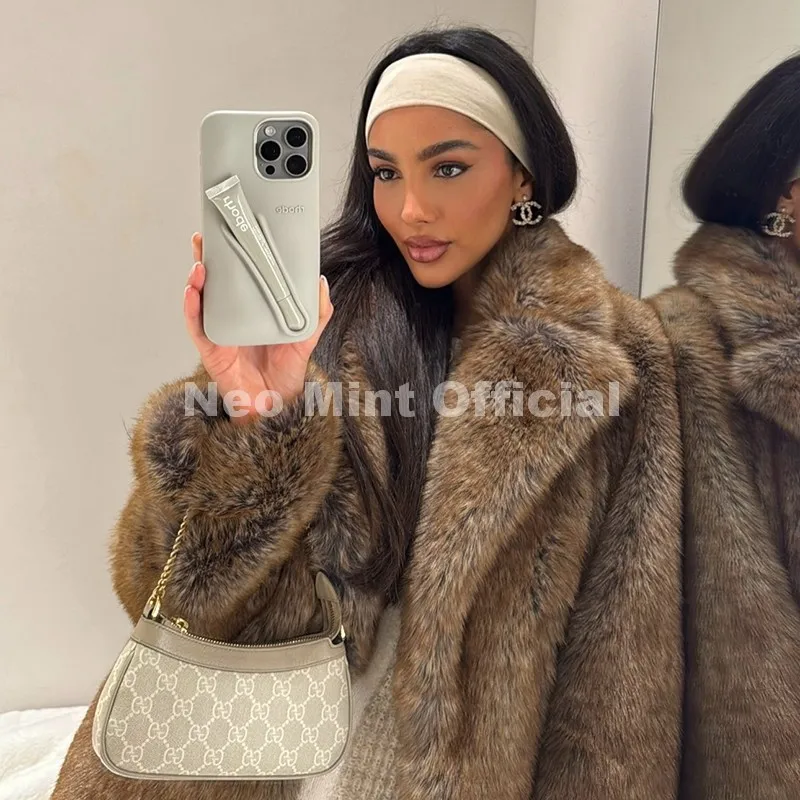Neo Mint Winter Stylish Brown Gradient Extra Long Faux Fur Coat Women Mountain Fashion Overcoat Chic Vintage Fake Fox Fur Jacket