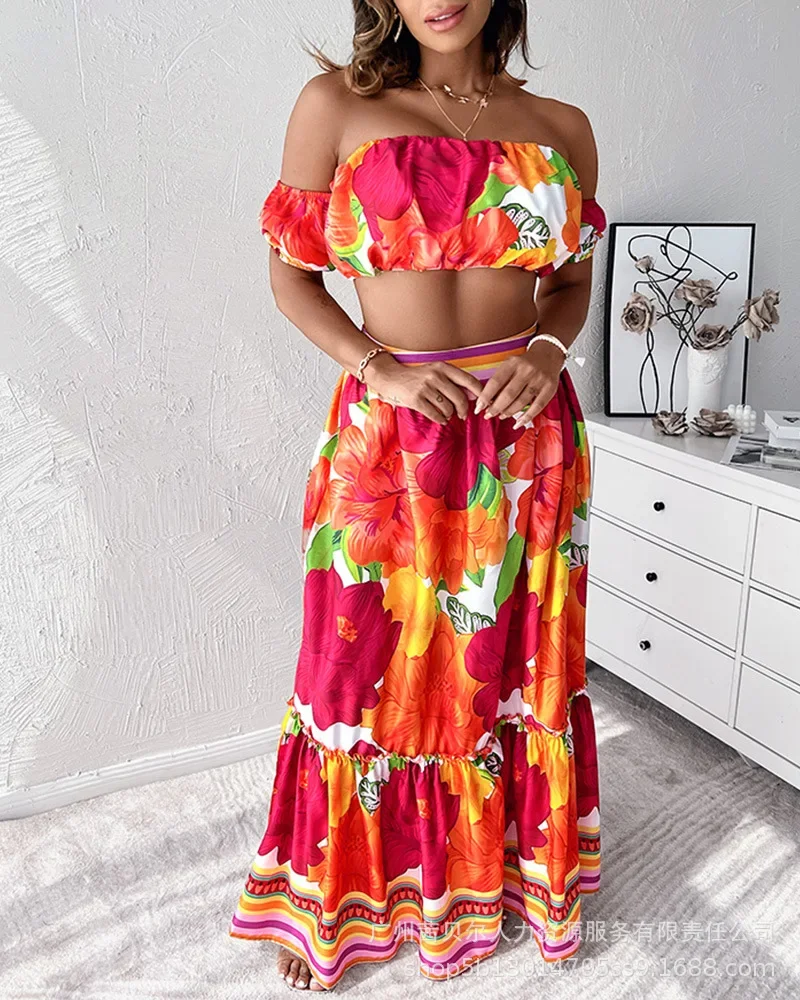 مجموعة تنورة قصيرة جديدة ملونة بطبعة زهور مكونة من قطعتين للنساء #2