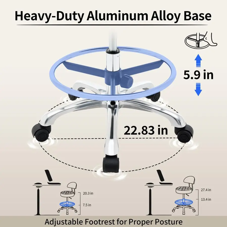 เก้าอี้สำหรับศิลปิน พนักพิงและที่วางเท้าตามหลักสรีรศาสตร์ ล้อเงียบและฐานอะลูมิเนียม เก้าอี้หมุนสำหรับร้านค้า สีเทา