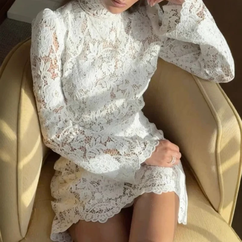 Damenmode-Spitze, kurz, Stehkragen, hohl, langärmelig, europäisches und amerikanisches Kleid, heiße Mädchen